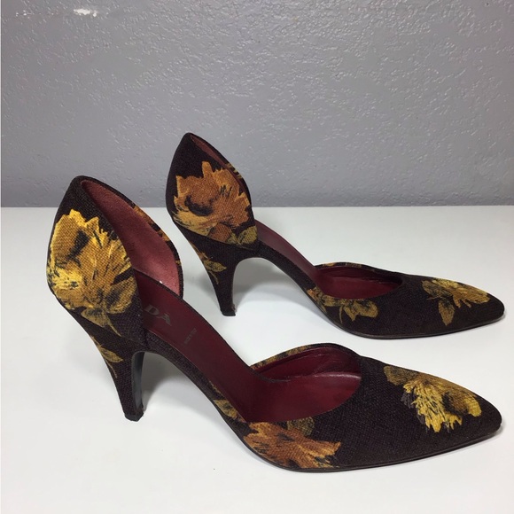 VTG PRADA Women’s Corduroy Floral Print Heels Size 37 Made In Italy - Picture 9 of 14